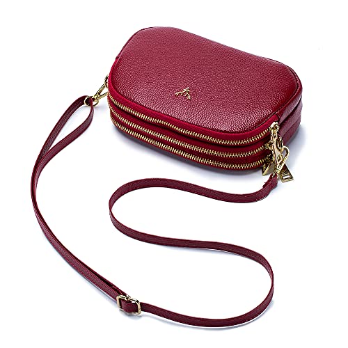 Dgffan Triple Zip Small Crossbody Bags Genuine Leather Shoulder Handbags Trendy Design Cellphone Purses for Women and Girls(wine) - Image 2
