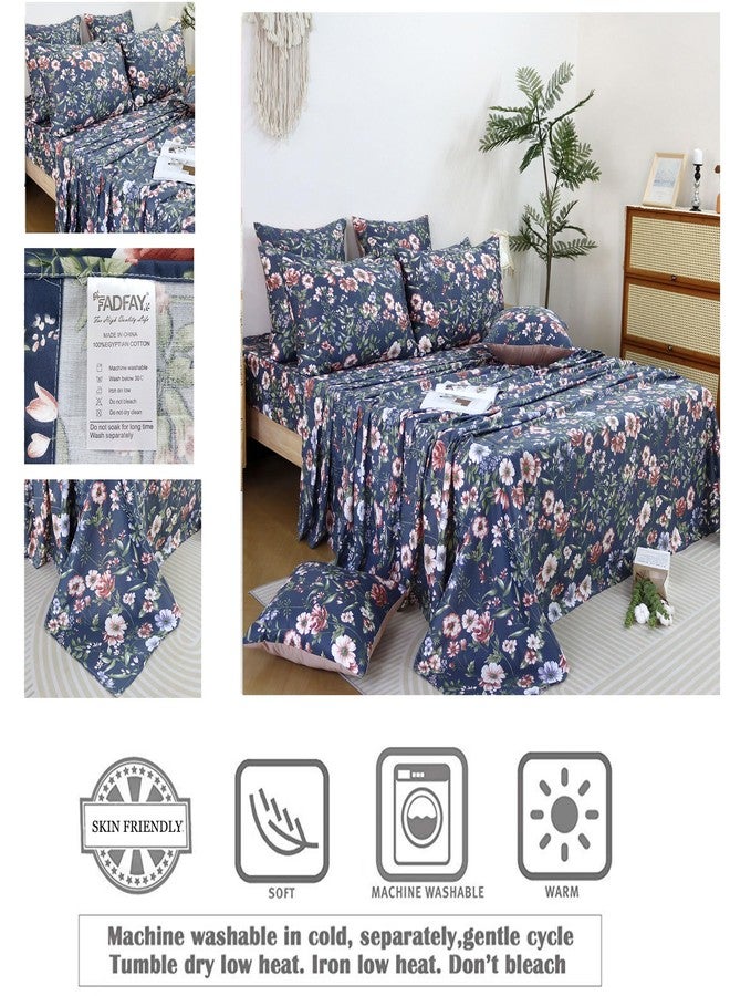 FADFAY Sheets Set Queen Vintage Dark Blue Floral Bedding Shabby Peony Floral Sheets French Country Farmhouse Bedding 800 Thread Count 100% Egyptian Cotton Deep Pocket Fitted Sheet 4Pcs, Queen Size - Image 3