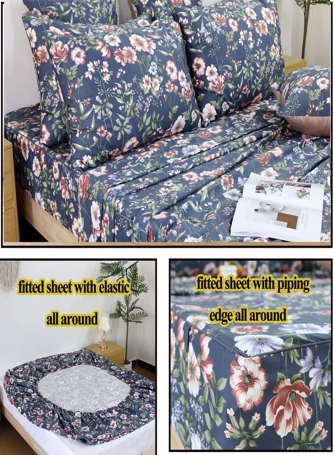 FADFAY Sheets Set Queen Vintage Dark Blue Floral Bedding Shabby Peony Floral Sheets French Country Farmhouse Bedding 800 Thread Count 100% Egyptian Cotton Deep Pocket Fitted Sheet 4Pcs, Queen Size - Image 4