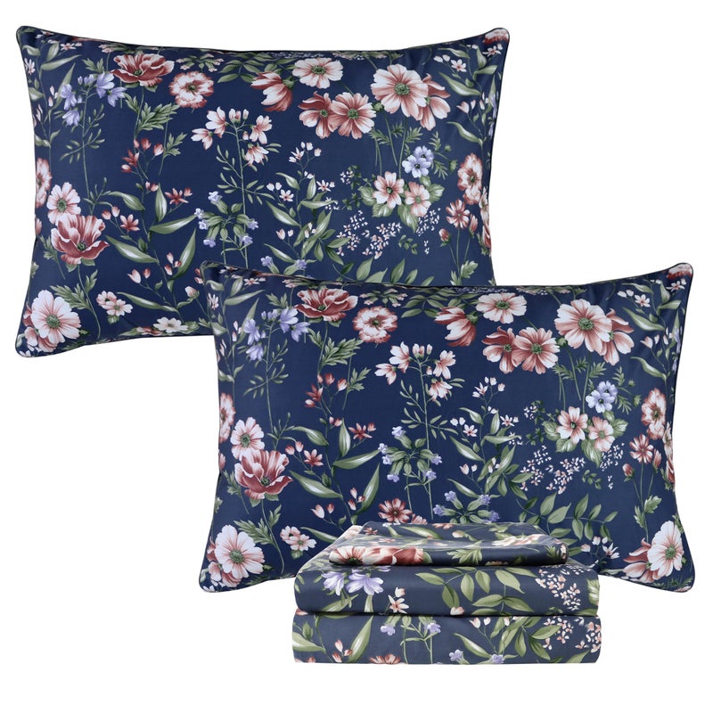 FADFAY Sheets Set Queen Vintage Dark Blue Floral Bedding Shabby Peony Floral Sheets French Country Farmhouse Bedding 800 Thread Count 100% Egyptian Cotton Deep Pocket Fitted Sheet 4Pcs, Queen Size - Image 1