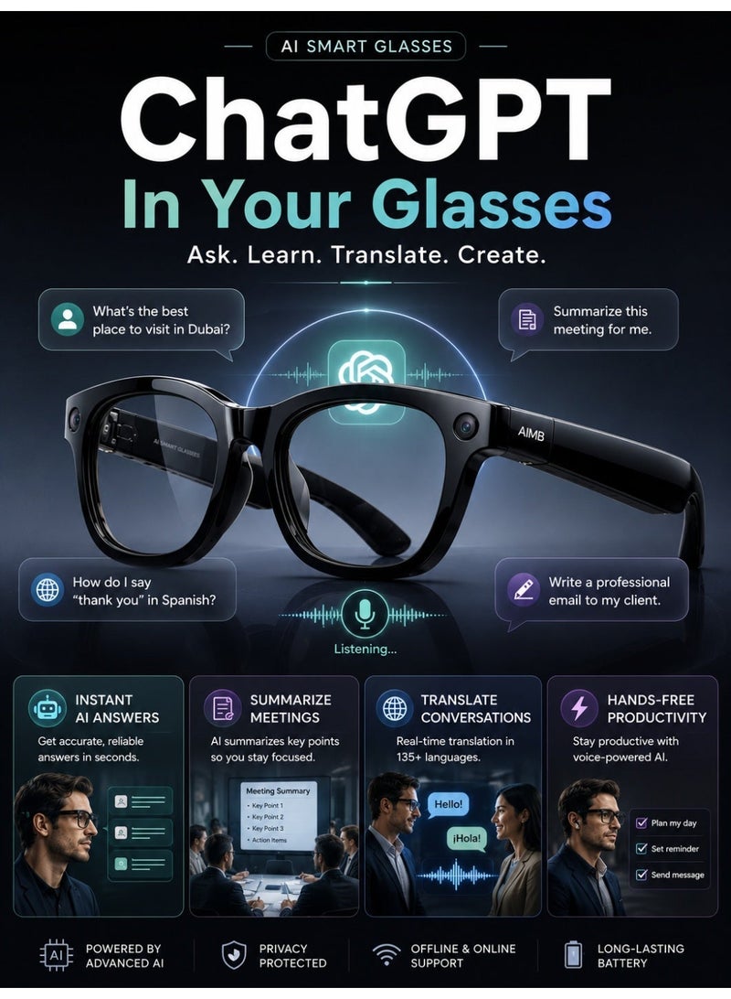 AI Wearable Smart Glasses with 135-Language Real-Time Translation, 8MP Camera, Voice Assistant, Open-Ear Audio, Auto-Tint UV Protection Lenses, Bluetooth Calling & Photo Video Capture for Travel, Business & Daily Use - Image 2