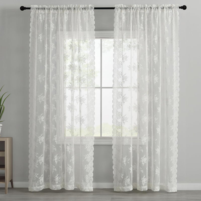 Kotile Ivory Lace Curtains 72 Inches Long 2 Panels, Country Rustic Floral Design Sheer Lace Curtains for Living Room, Rod Pocket Privacy Window Lace Curtain Panels, 42 x 72 Inch Each, Ivory - Image 2