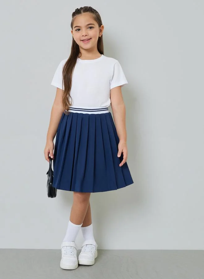 ستايلي Girls Knee Length Pleated Skirt with Striped Elastic Waistabnd