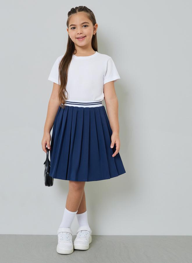 Styli Girls Knee Length Pleated Skirt with Striped Elastic Waistabnd - Image 1