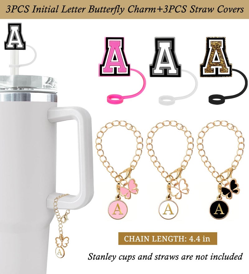 Nuozme ï¼ˆ3 +3) Nuozme Straw Cover Compatible with Stanley Tumbler Cup 3PCS Letter Straw Caps Toppers with 3 Initial Butterfly Charms Name ID For Stanley 30&40 Oz Cup - Image 2