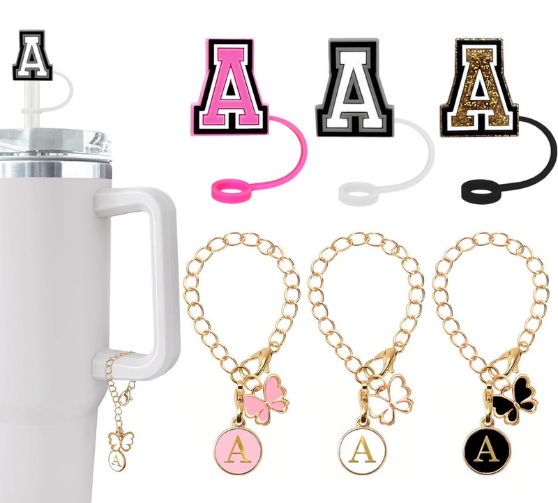 Nuozme ï¼ˆ3 +3) Nuozme Straw Cover Compatible with Stanley Tumbler Cup 3PCS Letter Straw Caps Toppers with 3 Initial Butterfly Charms Name ID For Stanley 30&40 Oz Cup - Image 1
