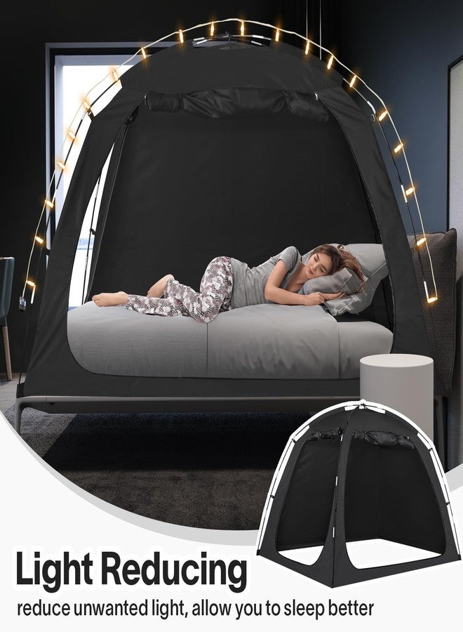 EighteenTek Bed Tent with Lights, Twin Bed Canopy Black - Portable 90% Blackout Sleeping Tent with 2 Doors Breathable Private Indoor Tent for Bedroom Decor, Easy to Assemble - Image 3