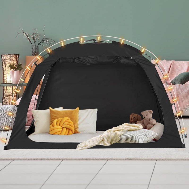 EighteenTek Bed Tent with Lights, Twin Bed Canopy Black - Portable 90% Blackout Sleeping Tent with 2 Doors Breathable Private Indoor Tent for Bedroom Decor, Easy to Assemble - Image 1