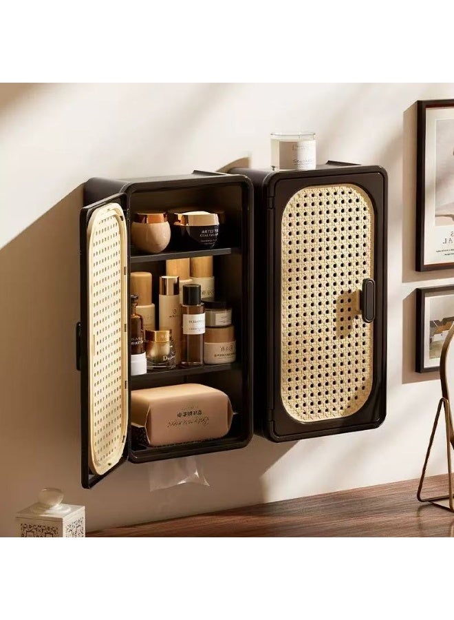 This is a small storage cabinet that can be stuck and hung on the wall. It can be used to store various items such as cosmetics, tissues, tea bags, etc. It has a small door that can be closed when not in use, which looks very beautiful. - Image 1