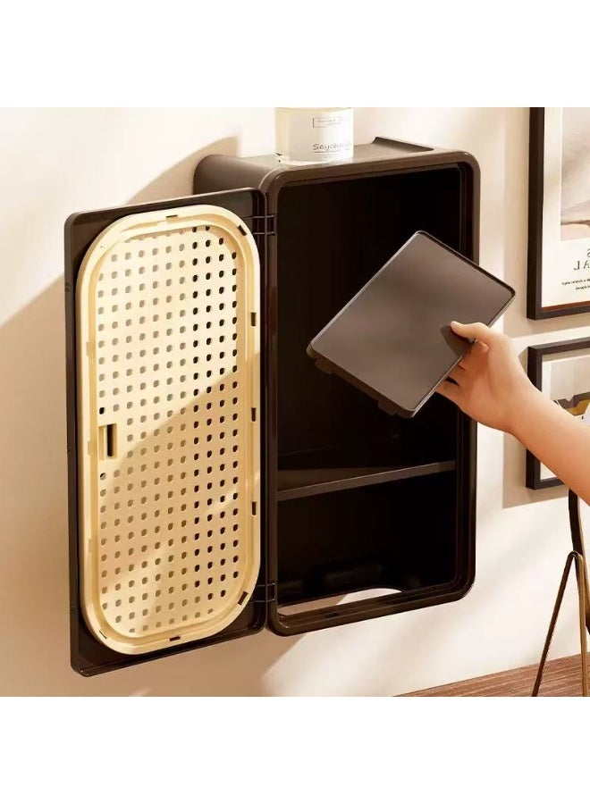 This is a small storage cabinet that can be stuck and hung on the wall. It can be used to store various items such as cosmetics, tissues, tea bags, etc. It has a small door that can be closed when not in use, which looks very beautiful. - Image 3