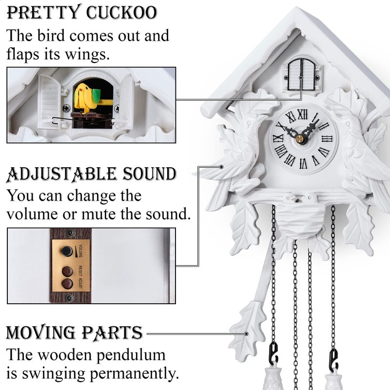 TIMEGEAR Cuckoo Clock with Night Mode, Singing Bird, Wooden Decorations and Swinging Pendulum (White) - Image 3