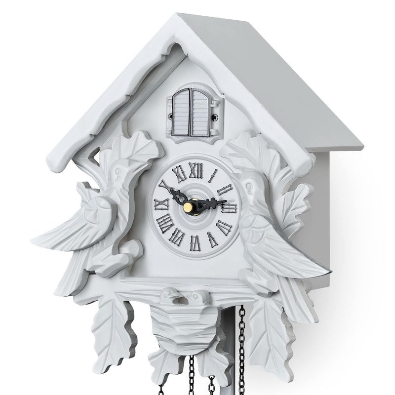 TIMEGEAR Cuckoo Clock with Night Mode, Singing Bird, Wooden Decorations and Swinging Pendulum (White) - Image 5