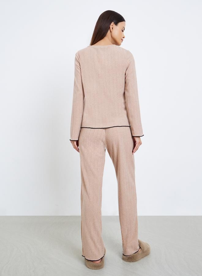 Styli Rib Round Neck T-Shirt and Pyjama Set - Image 5