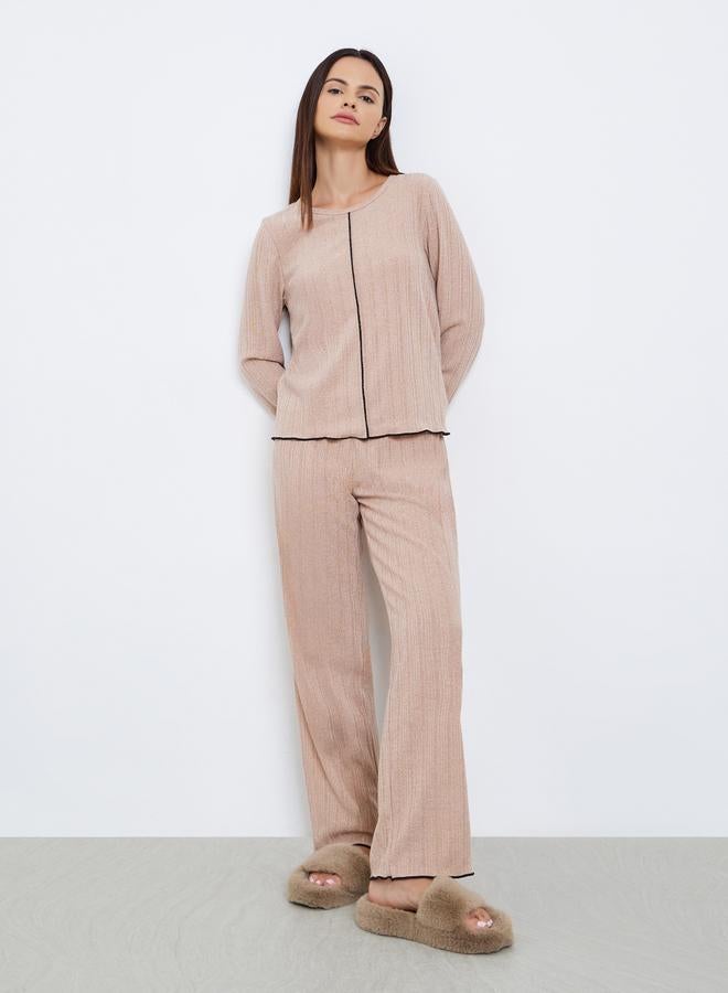 Styli Rib Round Neck T-Shirt and Pyjama Set - Image 1