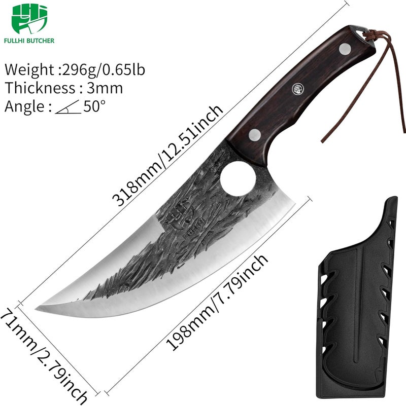 FULLHI Kitchen Knife with Guard, Multi-color Handle 7.59" Chef Knife for Meat Cutting, High Carbon Steel Forged Butcher Full Tang Chef Knife for Outdoor Cooking, Camping BBQ (Brown) - Image 2