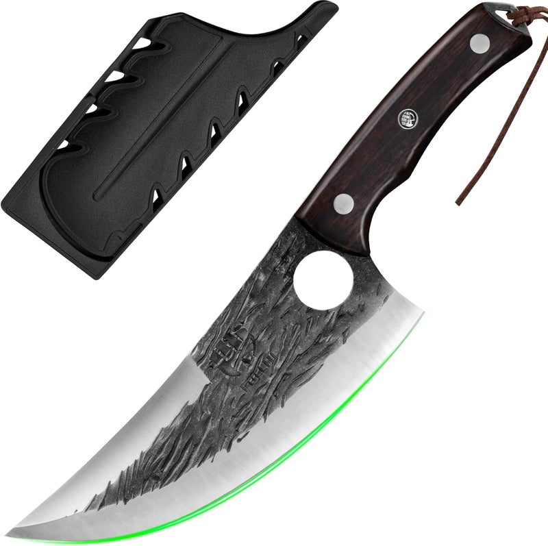 FULLHI Kitchen Knife with Guard, Multi-color Handle 7.59" Chef Knife for Meat Cutting, High Carbon Steel Forged Butcher Full Tang Chef Knife for Outdoor Cooking, Camping BBQ (Brown) - Image 1