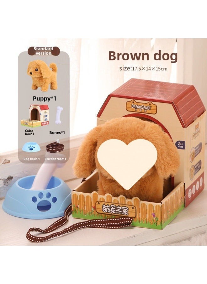 Toy Dog Dog Imitation Dog Children Walking Can Call Baby Electric Plush Electronic Small Can Move Baby Pet-Color:Brown Hair Standard Configuration (home + Dog Basin + Dog Head + Traction Line)-Speci  - Image 1
