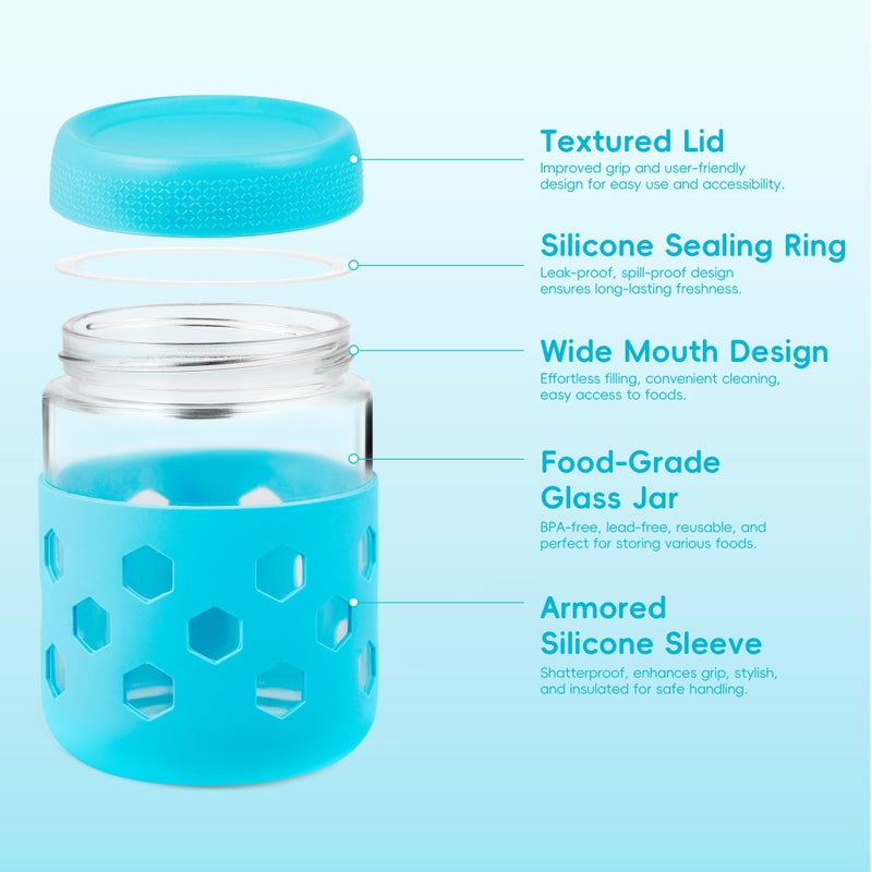 MICEBAY 16oz Overnight Oats Containers with Silicone Sleeves, 4-Pack Wide Mouth Glass Mason Salad Jars with Airtight Lids, BPA-Free Dishwasher Safe Leak-Proof Chia Seed Pudding Jar Meal Prep Container - Image 4