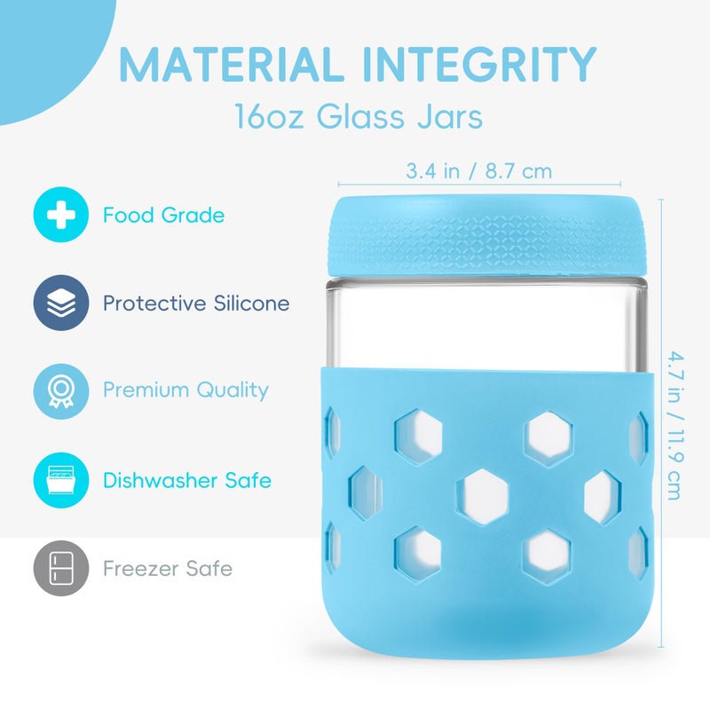 MICEBAY 16oz Overnight Oats Containers with Silicone Sleeves, 4-Pack Wide Mouth Glass Mason Salad Jars with Airtight Lids, BPA-Free Dishwasher Safe Leak-Proof Chia Seed Pudding Jar Meal Prep Container - Image 3
