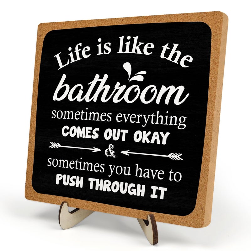 DMADNF Bathroom Decor, Vintage Bathroom Wood Plaque Sign, Life is Like The Bathroom Sign Desk Decor, Farmhouse Decor for Shelf Bathroom Toilet Home Decor 5.9x5.9 Inch (Black-1) - Image 1