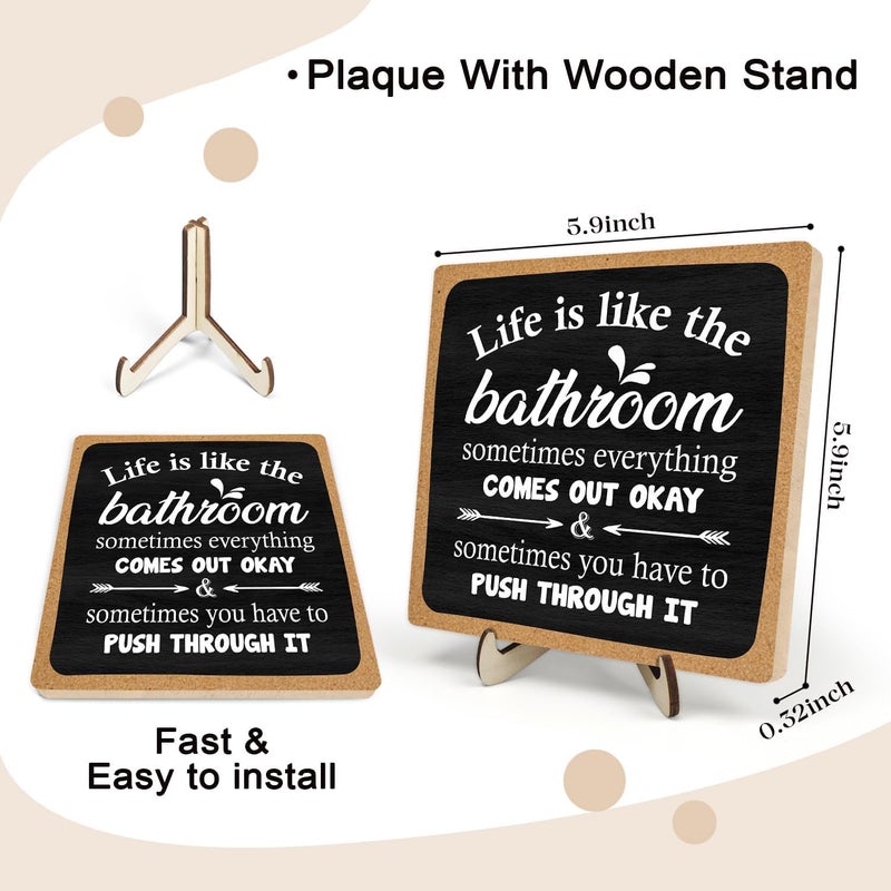 DMADNF Bathroom Decor, Vintage Bathroom Wood Plaque Sign, Life is Like The Bathroom Sign Desk Decor, Farmhouse Decor for Shelf Bathroom Toilet Home Decor 5.9x5.9 Inch (Black-1) - Image 2