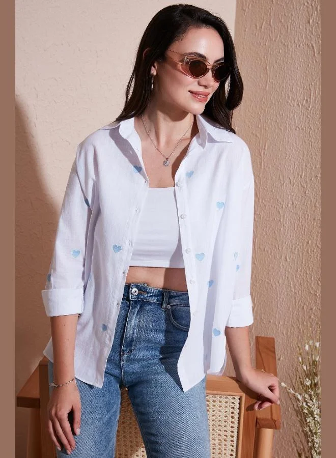ليلا قميص نسائي قطن وكتان بطبعة قلب مقاس عادي