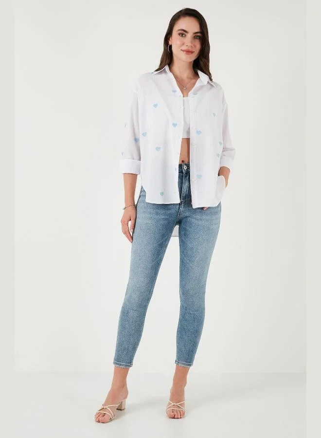 ليلا قميص نسائي قطن وكتان بطبعة قلب مقاس عادي