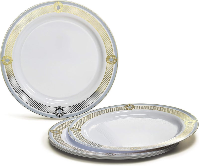 OCCASIONS FINEST PLASTIC TABLEWARE " OCCASIONS " 50 Plates Pack (25 Guests)-Wedding Party Disposable Plastic Plate Set -25 x 10.25'' Dinner + 25 x 7.5'' Salad & Dessert plates (Royal in White/Blue & Gold) - Image 2