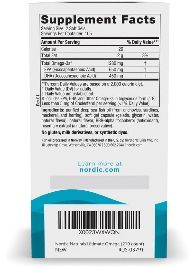 Nordic Naturals Ultimate Omega Fish Oil Supplement -210 Softgels - Image 2