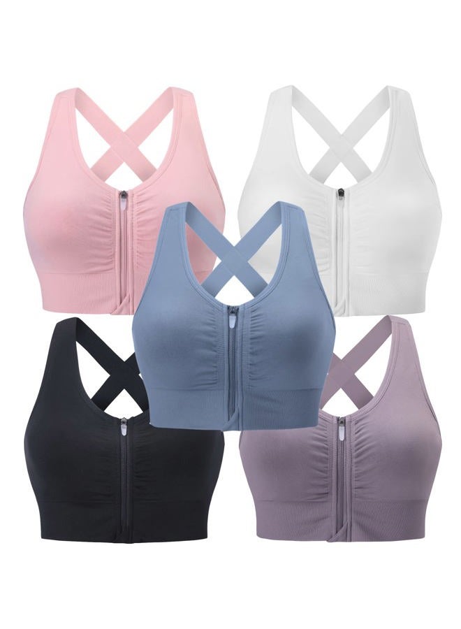 Evercute Zip Front Post-Surgery Bra Women's Wireless Sports Bras Padded Strappy Medium Support Yoga Exercise Athletic Bras, ①black White Dusty Blue Purple Pink 5 Pack, L - Image 1