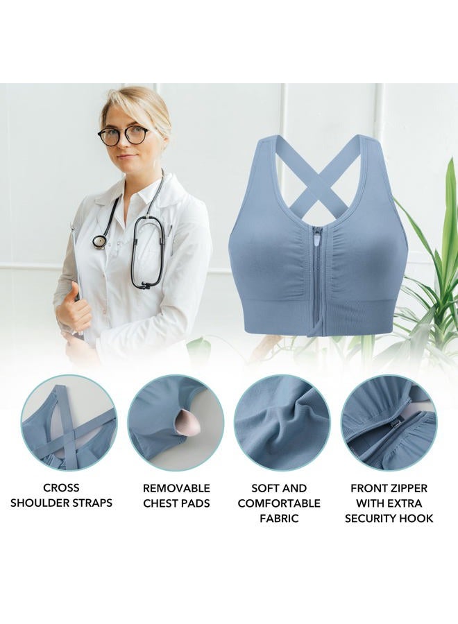 Evercute Zip Front Post-Surgery Bra Women's Wireless Sports Bras Padded Strappy Medium Support Yoga Exercise Athletic Bras, ①black White Dusty Blue Purple Pink 5 Pack, L - Image 2
