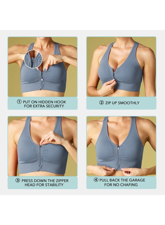 Evercute Zip Front Post-Surgery Bra Women's Wireless Sports Bras Padded Strappy Medium Support Yoga Exercise Athletic Bras, ①black White Dusty Blue Purple Pink 5 Pack, L - Image 5