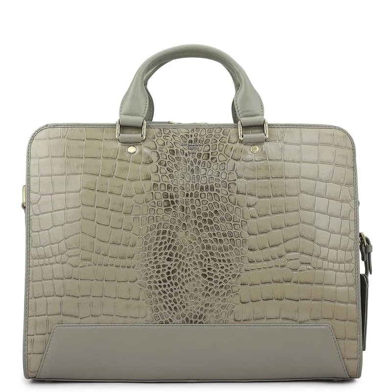 Da Milano Croco Leather Laptop Bag - Stone Grey
