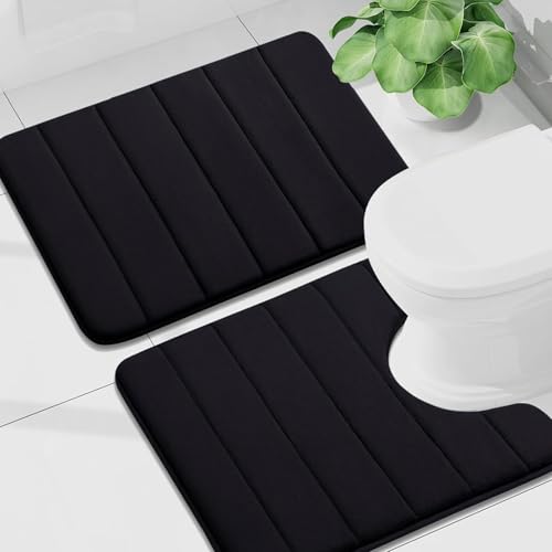 Buganda Bathroom Mat Set 2 Piece Memory Foam Bath Mat and UShaped Toilet Rug Machine Wash Dry Soft Non Slip Absorbent Bath Rug for Bathroom Shower and Tub 24 x 1624 x 20 Black - Image 1