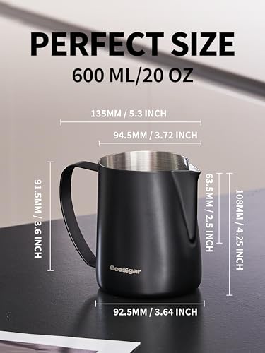 Coosigar Milk Frothing Pitcher 600ml/20oz,304 Stainless steel Espresso Steaming Pitcher,milk frother cup,Milk Jug Cup,Latte Art(black) - Image 4