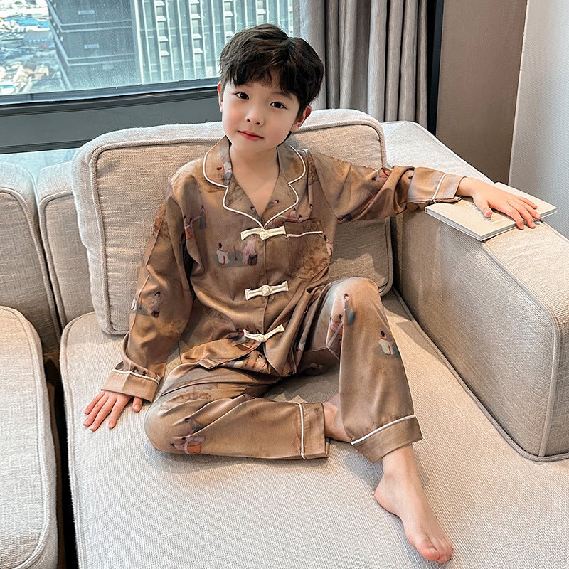 Boys Pajamas suit Spring and Summer 2025 New Ice Silk Long Sleeve Home Clothes for Large Children and Boys Thin Air-conditioning Clothes 409 Tamping and Training Chart 