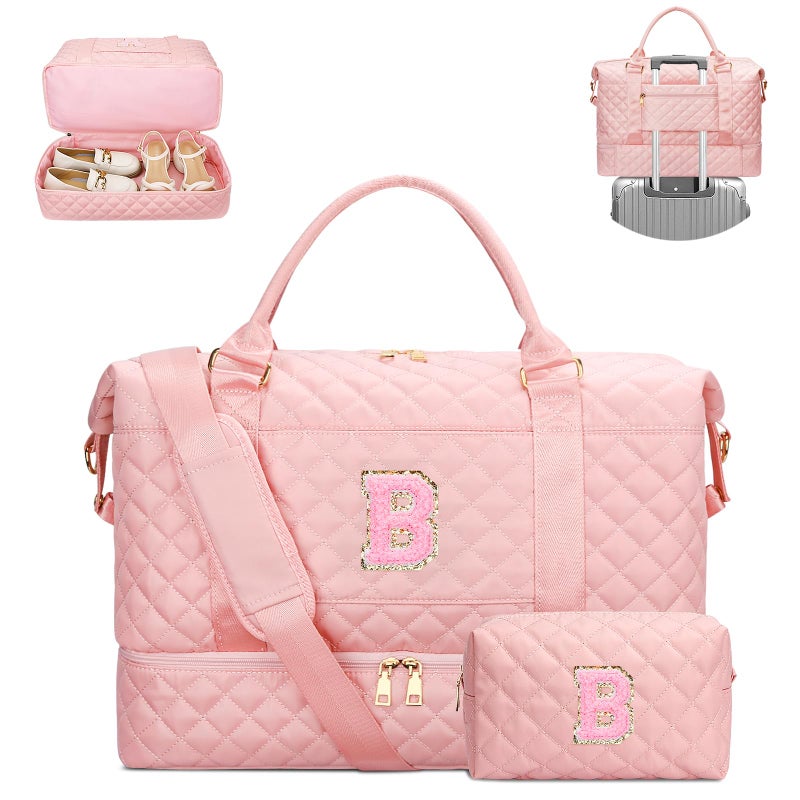 CLOUDWINGS Gifts for Daughter Girls Birthday Initial Travel Duffle Bag Quilted Weekender Bags CarryOn Overnight with Makeup Bag Gym Bag with Shoe Compartment PinkB - Image 2