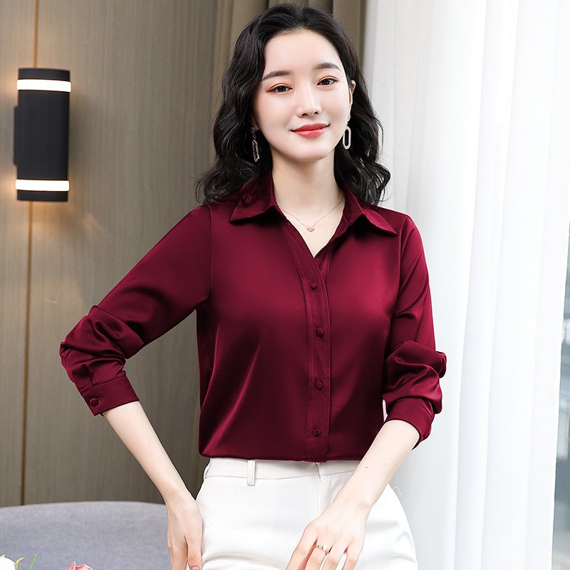 Real Shirt Womens Long-sleeved Autumn 2024 New Elegant Professional Satin Shirt Work Clothes Mulberry Silk matcha green 