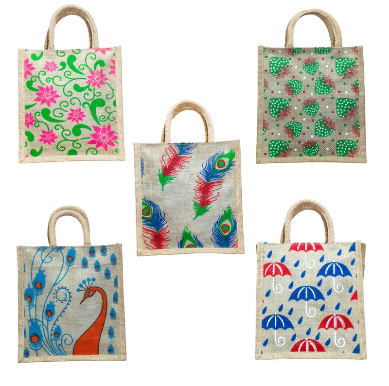 Anumala® Eco-Friendly Jute Bags with Zipper| Organic Tote Bags Elegantly Printed for Return Gifts, Office, Grocery, Picnic, Tiffin, Shopping, Wedding Return Gifts| Size-11x5x10 inches (Pack of 5) - Image 1
