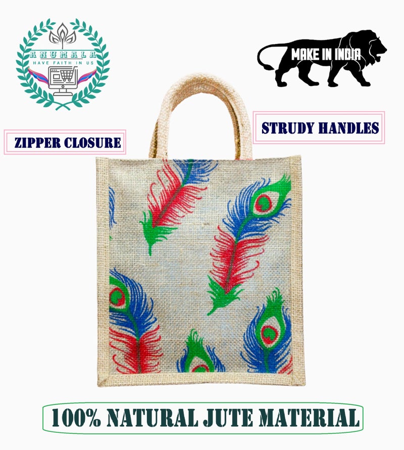 Anumala® Eco-Friendly Jute Bags with Zipper| Organic Tote Bags Elegantly Printed for Return Gifts, Office, Grocery, Picnic, Tiffin, Shopping, Wedding Return Gifts| Size-11x5x10 inches (Pack of 5) - Image 5
