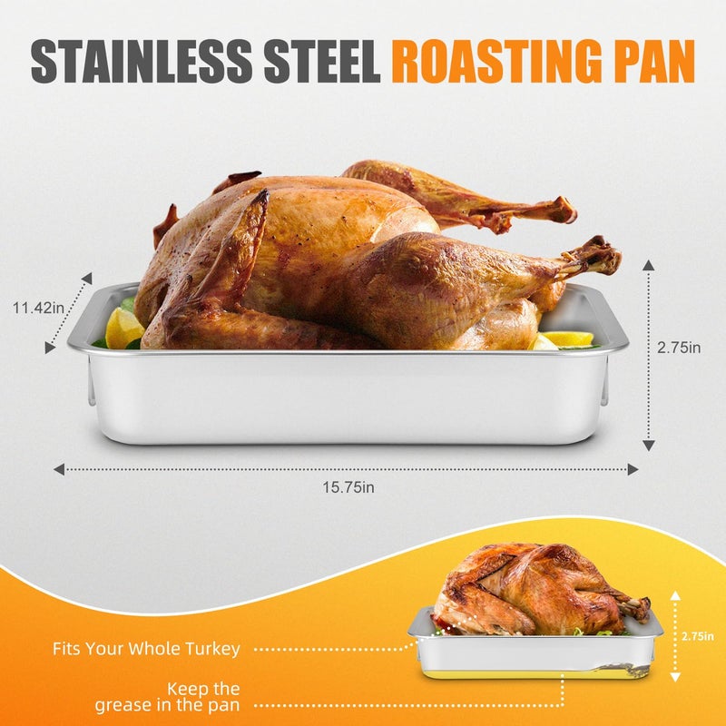 Chrysovereign Stainless Steel Turkey Roasting Pan with Rack & Handles, Heavy Duty Food-Safe Turkey Pan Dishwasher Safe, Perfect for Cooking Turkey and Steak for Thanksgiving and Christmas (Standard) - Image 2