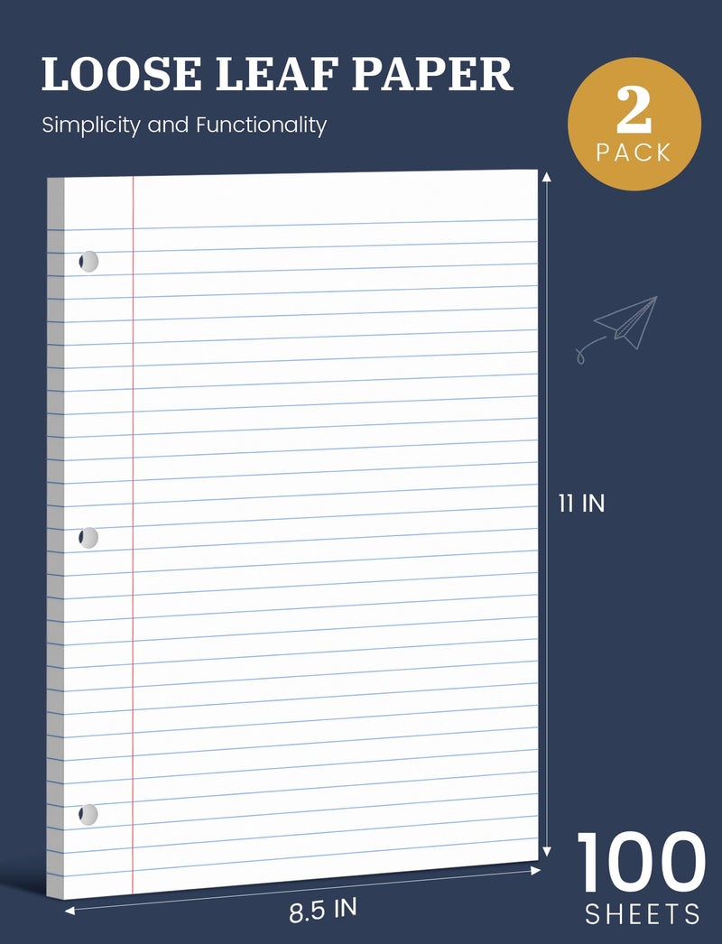 Aidunmis Loose Leaf Paper 8.5 x 11, Loose Leaf Notebook Paper, 200 Sheets Binder Paper 8-1/2 x 11'', 3-Hole Punched Filler Paper Notebook, 2 Pack, 100 Sheets/Pad - Image 2