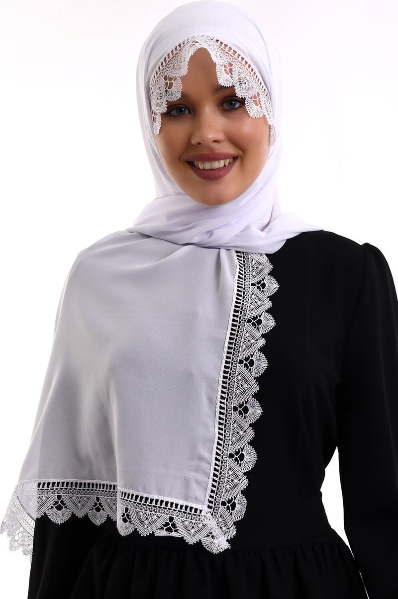 İhvan Online Needle Embroidered Lace Scarf Demor Mevlüt Scarf White  - Image 1