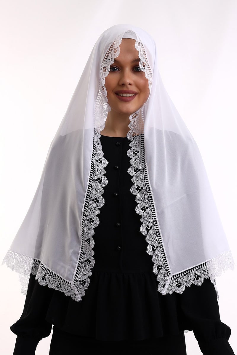 İhvan Online Needle Embroidered Lace Scarf Demor Mevlüt Scarf White  - Image 3