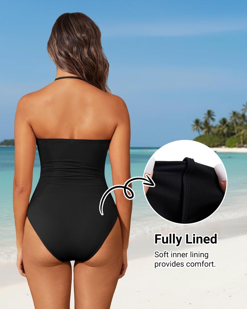 Holipick Women Black Bandeau One Piece Swimsuits Tummy Control Bathing Suits Halter Strapless Swimwear S - Image 4