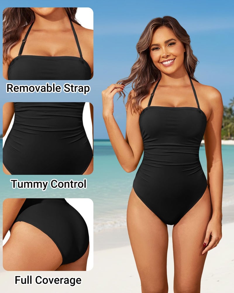 Holipick Women Black Bandeau One Piece Swimsuits Tummy Control Bathing Suits Halter Strapless Swimwear S - Image 3