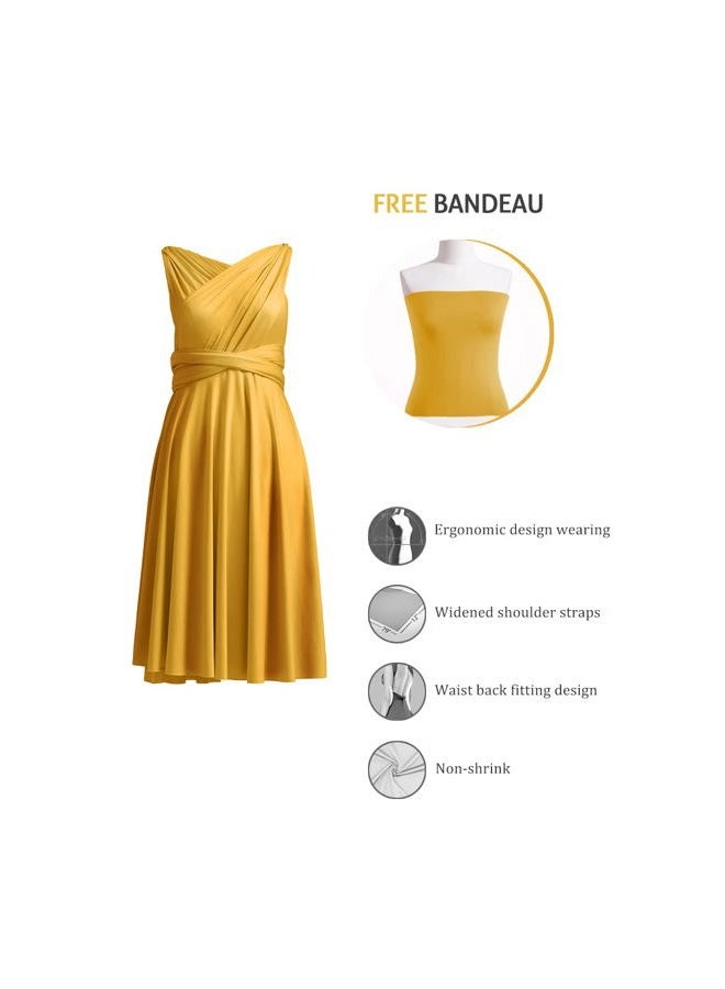 72styles Knee Length Short Infinity Dresses Bridesmaids Dresses Mustard Yellow Convertible Multiway Transformer Twist Wrap - Image 2