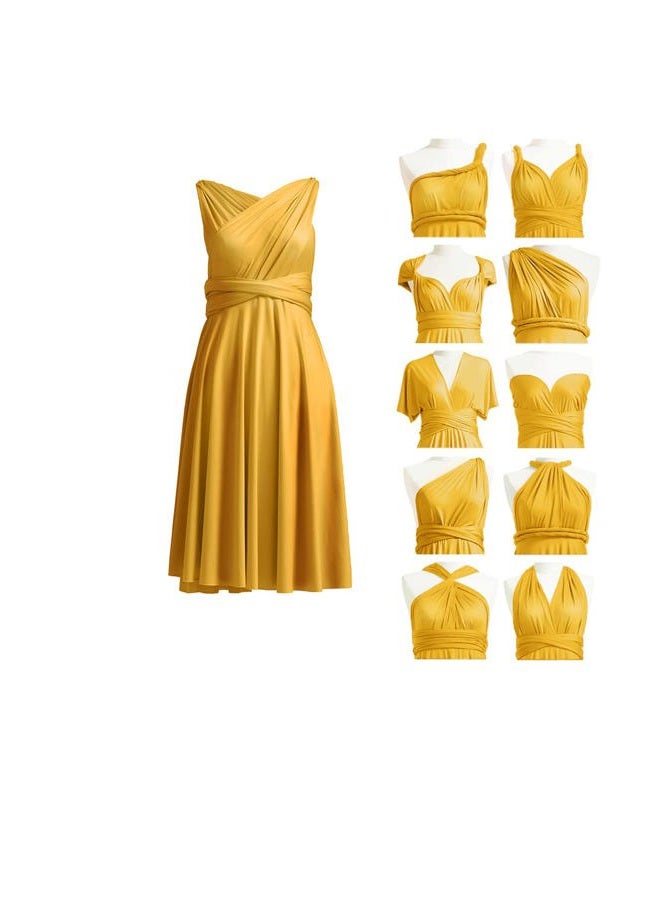 72styles Knee Length Short Infinity Dresses Bridesmaids Dresses Mustard Yellow Convertible Multiway Transformer Twist Wrap - Image 1
