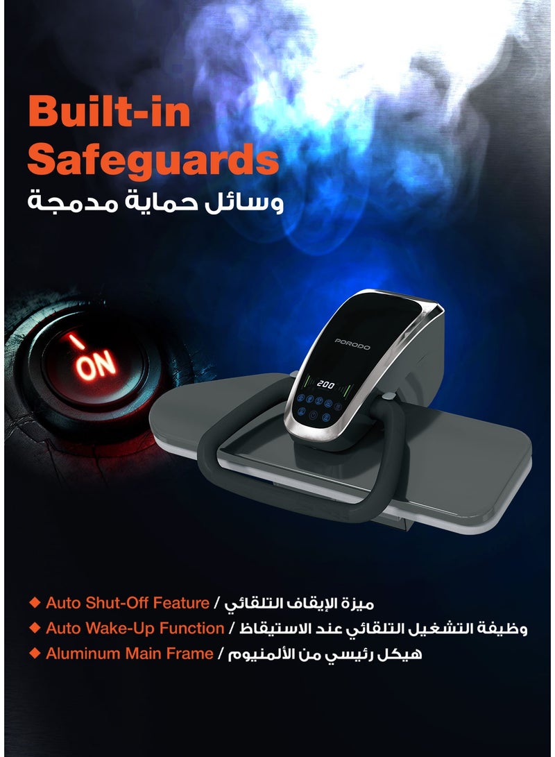 porodo Steam Press Iron with 32" Wide Pressing Board & Stand, Digital display, 5 Levels Fabric Settings, EN/AR  Voice Guide,  Water Tank Capacity 850mL, Steam Duration 1m, Aluminum, Power 2200W - Black - Image 5