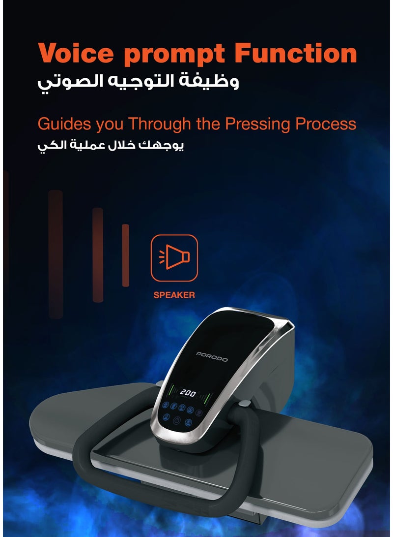 porodo Steam Press Iron with 32" Wide Pressing Board & Stand, Digital display, 5 Levels Fabric Settings, EN/AR  Voice Guide,  Water Tank Capacity 850mL, Steam Duration 1m, Aluminum, Power 2200W - Black - Image 2